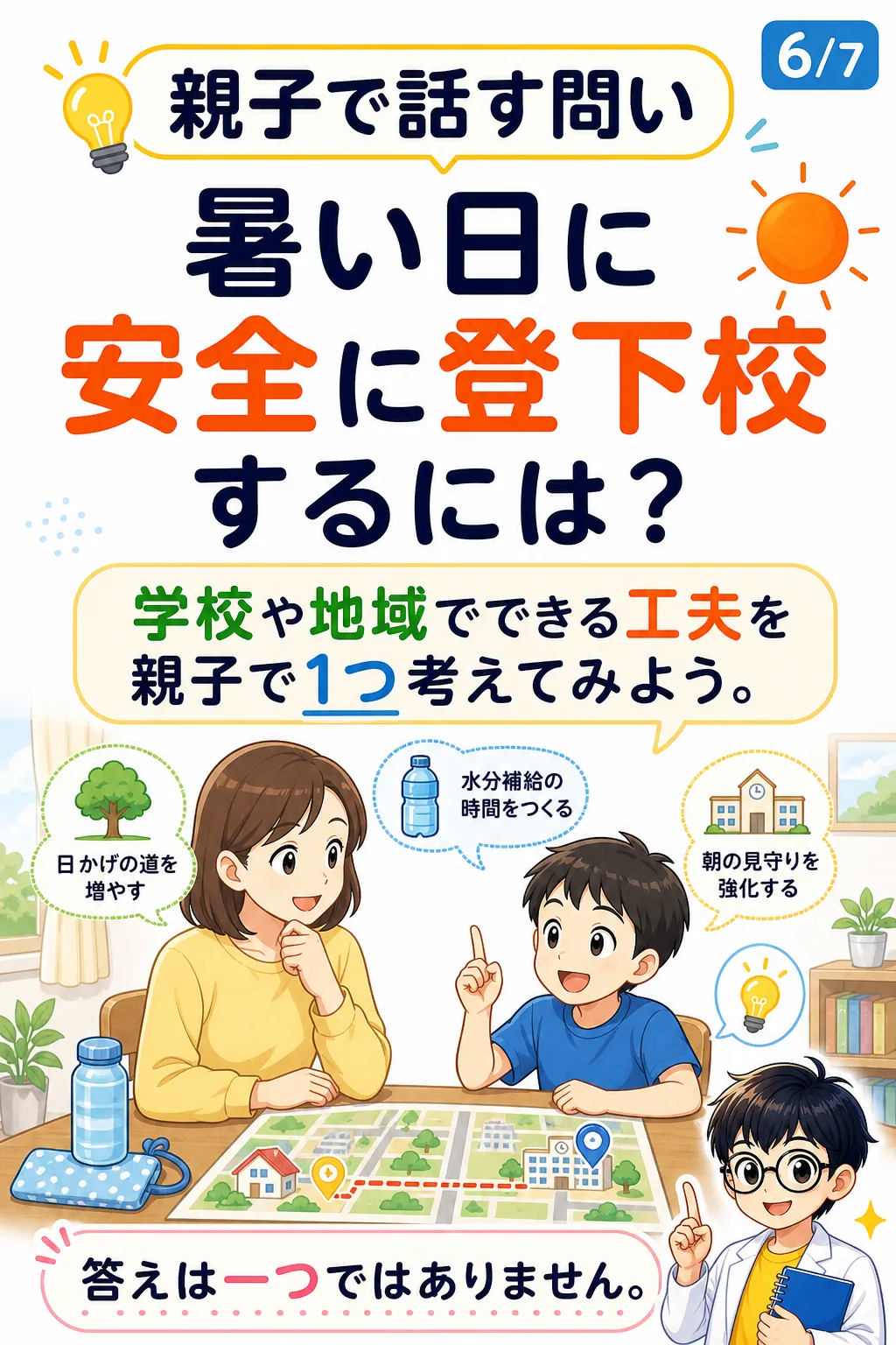 暑い日の登下校対策について答え方の例を示した適性検査スライド